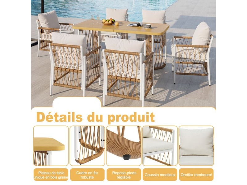 Ensemble de meubles de jardin en rotin - cadre en fer blanc - table 159,5x77,5x75 cm - 6 chaises 55x65x87 cm - Conforama C