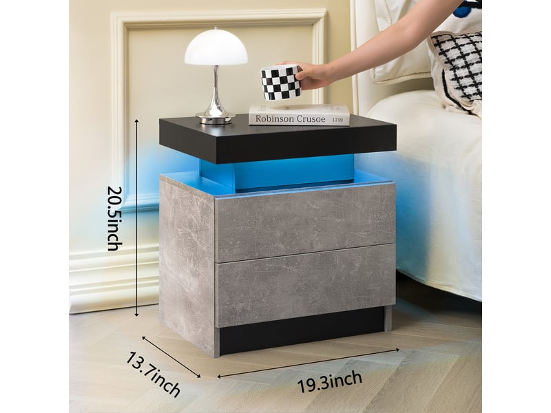  Table de chevet led moderne,49x34,8x52,1 cm,2 tiroirs,grise  - Conforama C