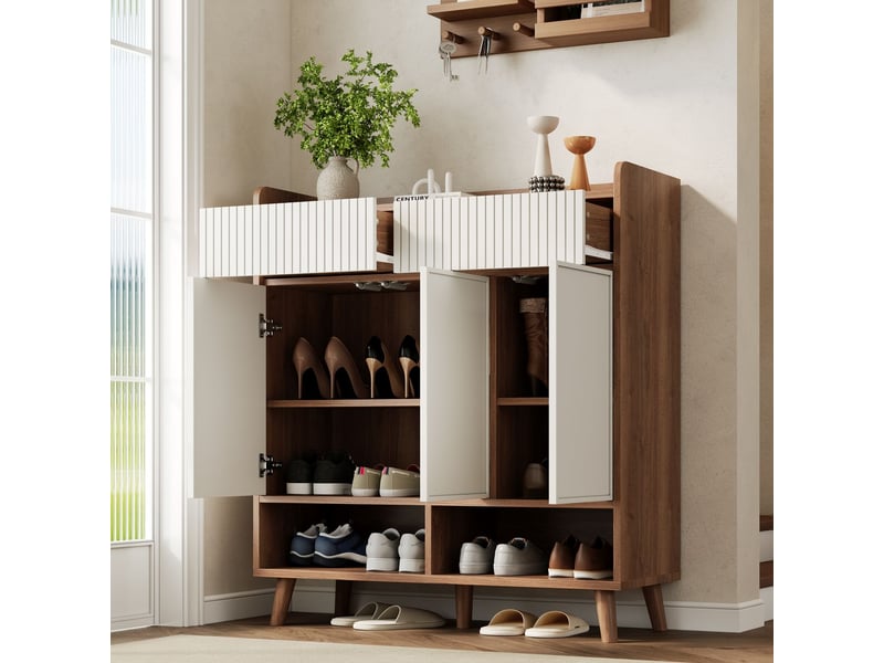  Meuble à chaussures 90 x 35 x 100 cm rangement chaussures 3 portes 2 tiroirs compartiments à chaussures pieds en bois blanc aspect bois  - Conforama A