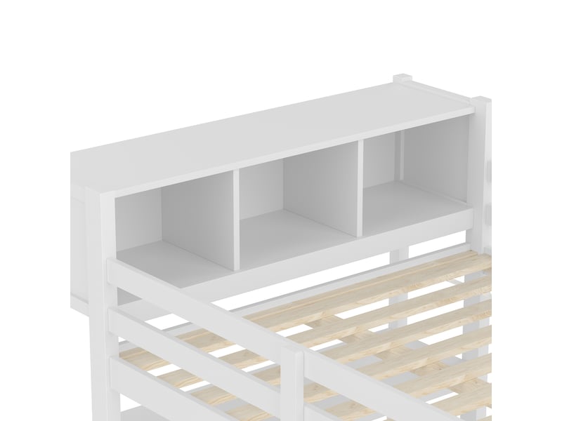  Lit mezzanine 140x200 cm blanc en pin et mdf, bureau intégré, armoire, étagères et multiples rangements, sans matelas  - Conforama E