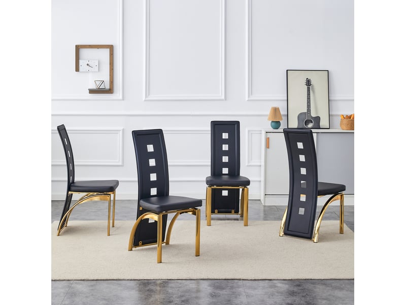  Lot de 4 chaises de salle à manger noires et dorées en cuir régénéré, dossier ajouré et pieds métal  - Conforama E