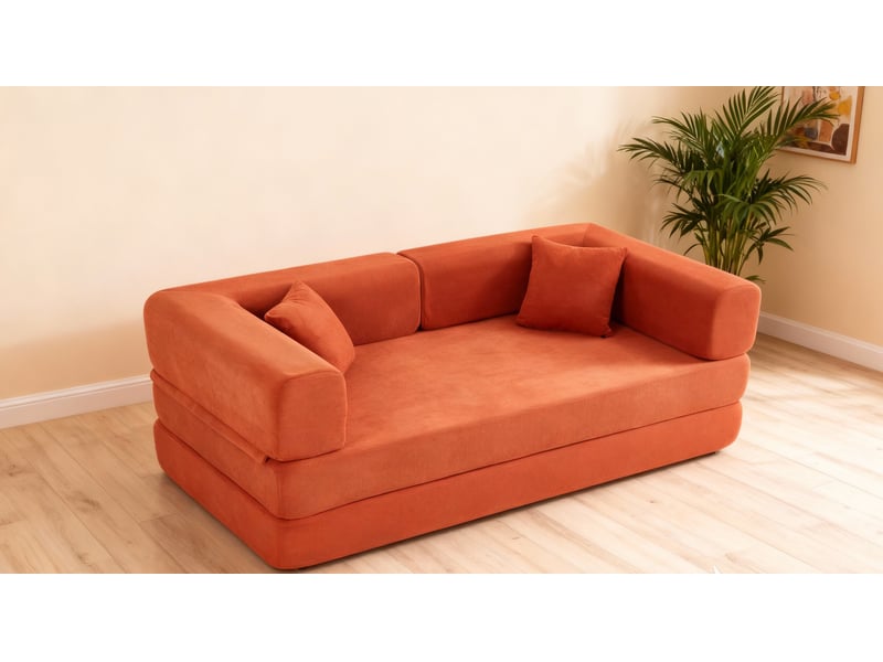 Canapé-lit convertible en velours côtelé - canapé de sol pliable avec oreillers cylindriques, style futon pour salon et chambre, orange - Conforama B