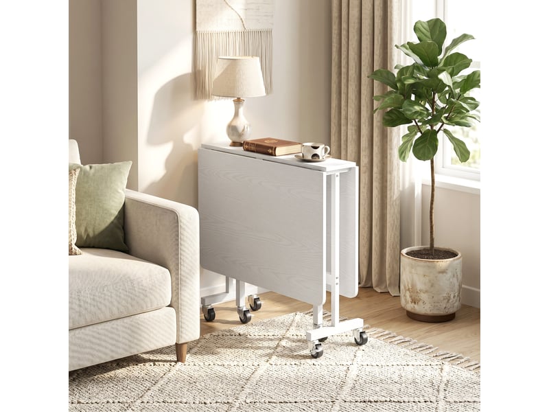  Table pliable 6 personnes - table à rabat mobile 6 roulettes - acier blanc effet bois blanc  - Conforama D
