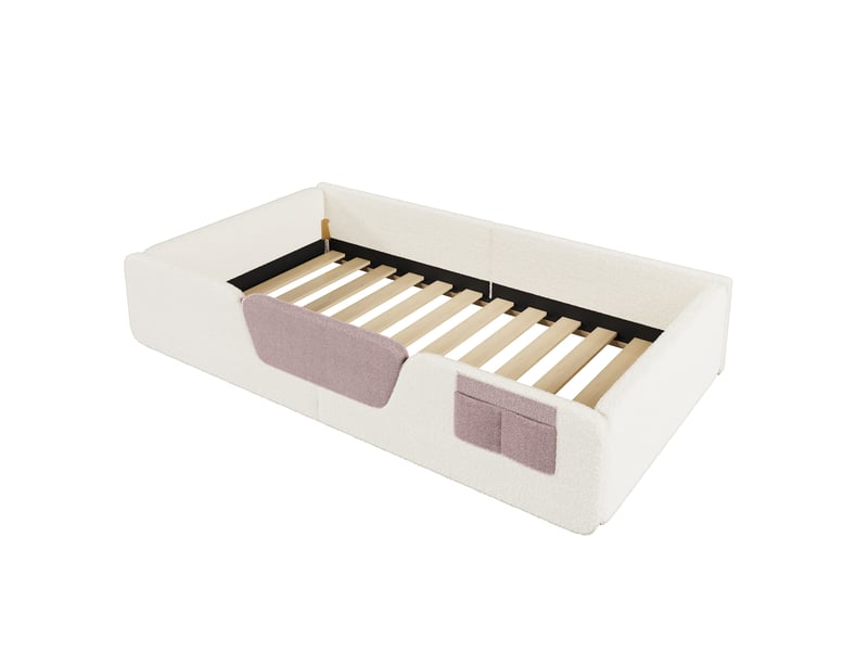  Lit rembourré, 90 x 190 cm, barrières de sécurité amovibles, poche de rangement intégrée en tissu, velours unique, beige  - Conforama A