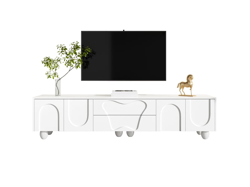  Meuble tv blanc mat 180 x 40 x 42 cm, 2 tiroirs, rangements et pieds en bois  - Conforama A