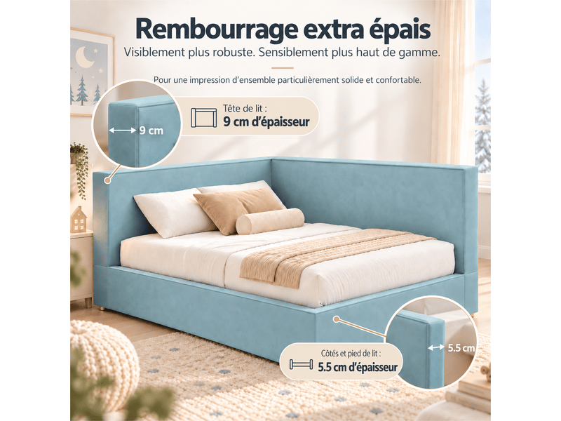 Lit banquette rembourrée 90 x 200 cm, rangement, sommier à lattes, éclairage led, ports usbtype-c, pour enfant et adolescent, chenille, bleu Bliss Lite - Conforama E