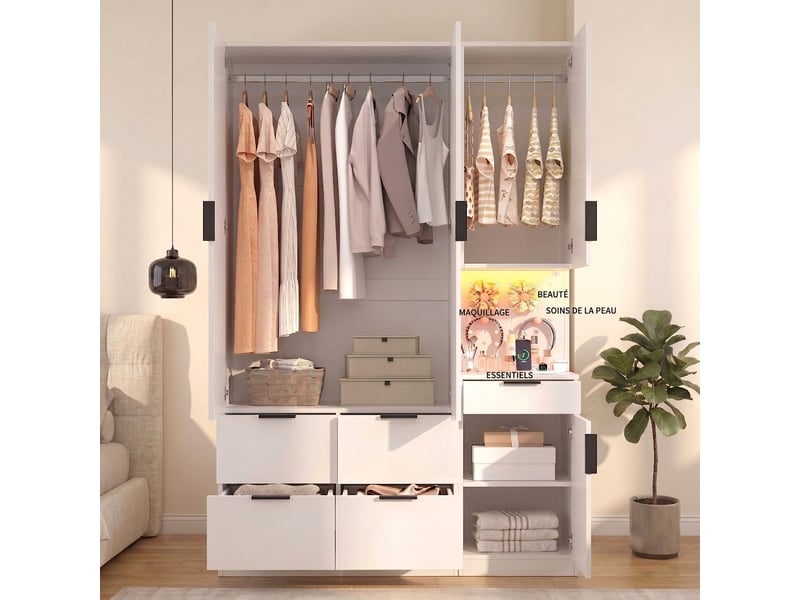  Armoire penderie avec éclairage led et tiroir à bijoux, 90x49x200 cm, blanc et chêne  - Conforama B