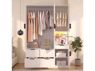 Armoire penderie avec éclairage led et tiroir à bijoux, 90x49x200 cm, blanc et chêne