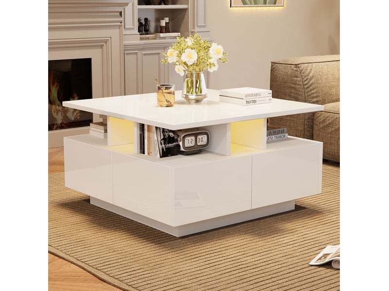  Table basse 70x70x40 cm led 4 tiroirs panneau de particules blanc  - Conforama B