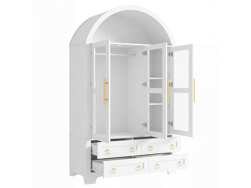  Vitrine haute 110x50x186 cm, 3 portes vitrées, penderie, 4 tiroirs, led par application, pour salon et salle à manger - blanc  - Conforama E