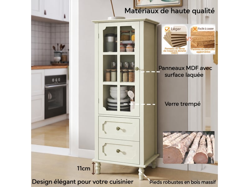  Buffet blanc crème avec porte vitrée et 2 tiroirs, format haut et étroit, 50 x 40 x 130 cm  - Conforama E