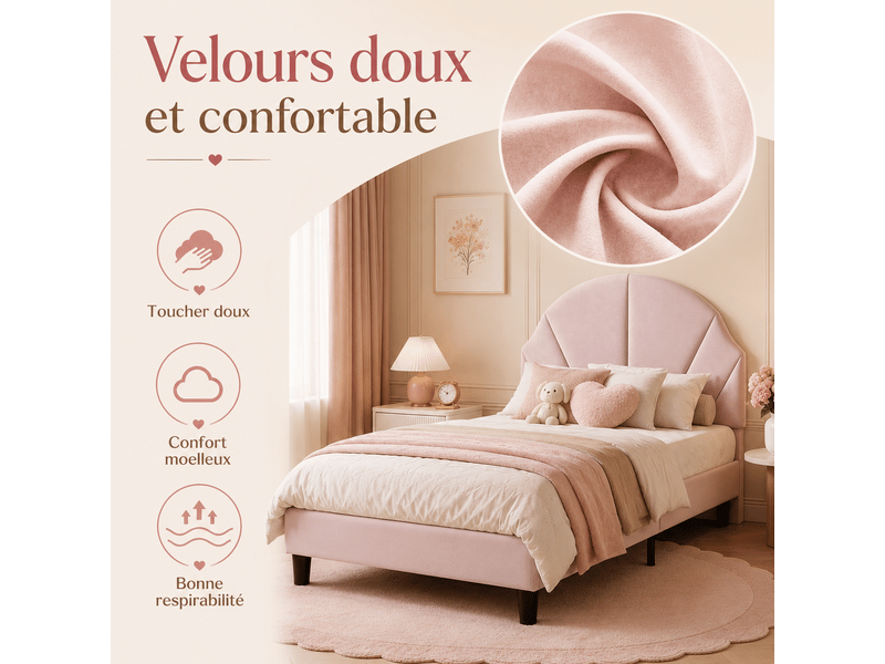  Lit simple enfant 90x200 cm - lit rembourré - tête de lit réglable - 1 personne - lit plat - lit fille 90x200cm en velours - lit rembourre avec sommier à lattes en bois - tête de lit réglable en hauteur - cadre de lit enfant - e…  - Conforama D