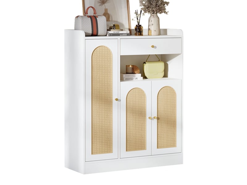  Meuble à chaussures - 90x35x110cm - buffet d'entrée 3 portes et 1 tiroir, cannage rotin - blanc  - Conforama A