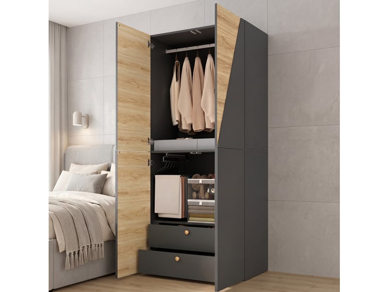  Armoire tcqpz 2 portes 90 x 50 x 200 cm avec penderie, porte-pantalons, boîte de rangement et 2 tiroirs mdf gris carbone et bois  - Conforama D