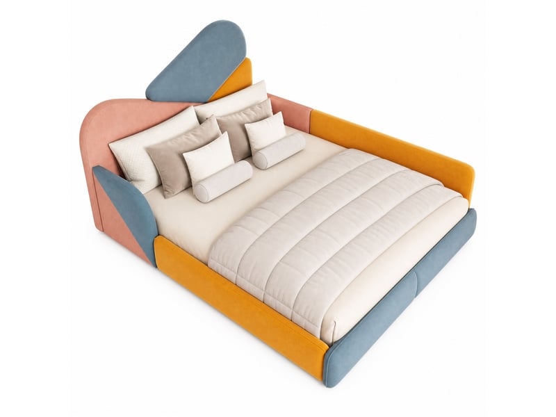  Lit enfant, 140x200 cm, côtés surélevés, motif patchwork multicolore, chambre, matelas non inclus, bois, coloris bleu  - Conforama A