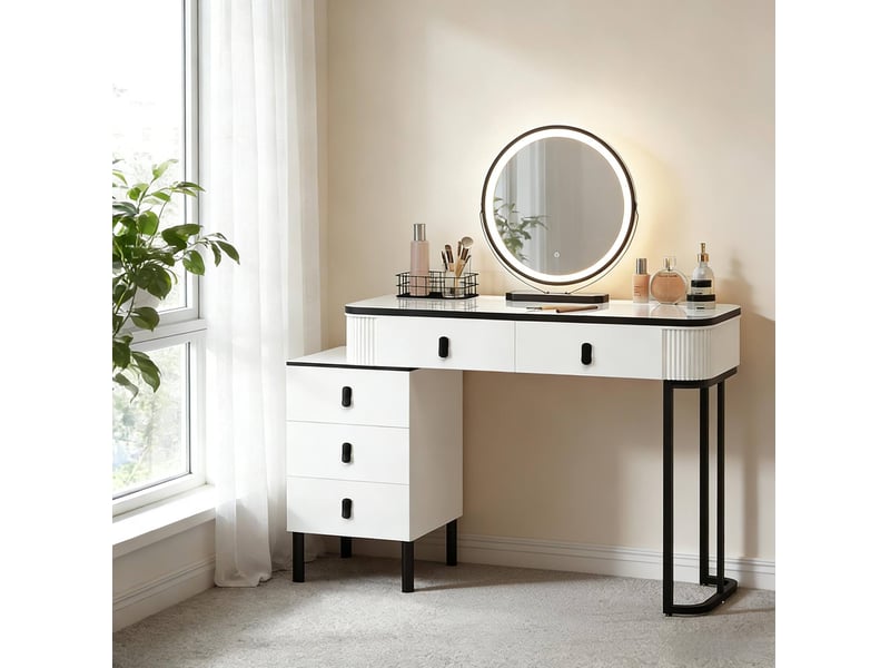 Coiffeuse noir et blanc avec miroir led réglable et 5 tiroirs  - Conforama B