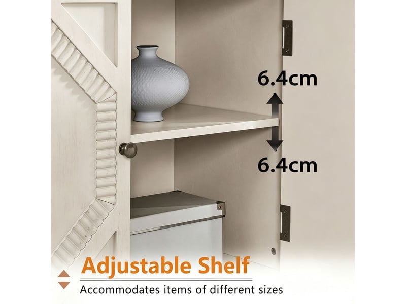 Buffet 33,6 rangement intégré vitrines symétriques accents géométriques bois blanc antique console multimédia - Conforama E