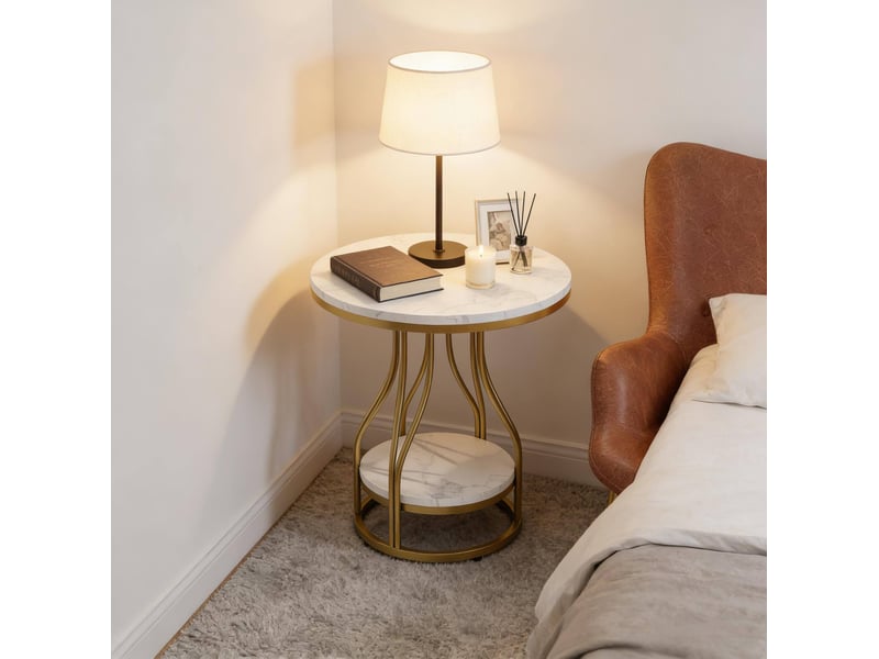  Table d'appoint ronde 50x50x59 cm 2 niveaux panneau de particules et métal blanc et or  - Conforama E