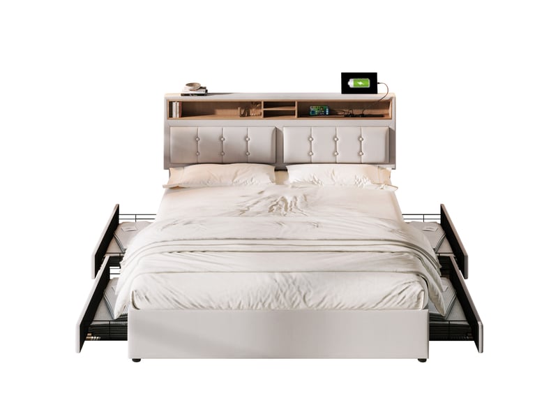  Lit double 140x200 capitonné avec 4 tiroirs et prise usb c  - Conforama A