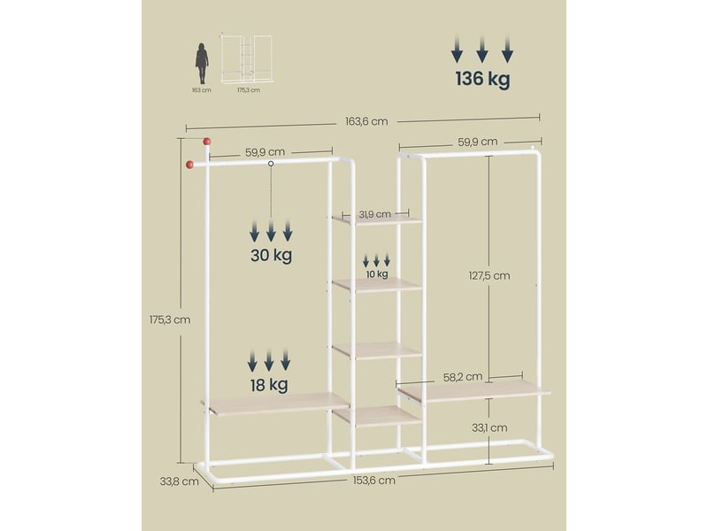  Portant à vêtements armoire ouverte avec 6 étagères de rangement 33,8 x 163,6 x 175,3 cm en acier beige naturel 12_0012489  - Conforama B