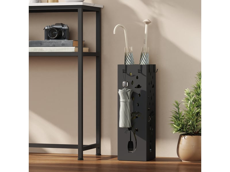  Porte-parapluie carré stylisé en métal avec bac égouttoir amovible et 4 crochets, 15,5 x 15,5 x 49 cm, noir  - Conforama D