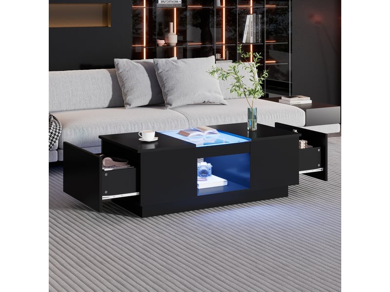  Table basse noire avec led 100x50 cm, plateau en verre, 2 tiroirs et compartiment ouvert, contrôle par application bluetooth  - Conforama D