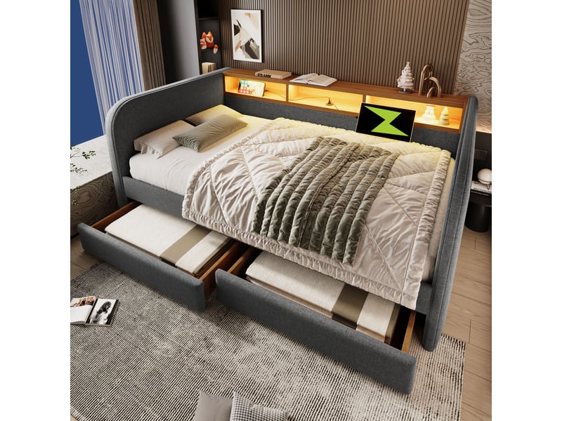  Lit capitonné 140x190 cm en lin gris, lit avec led et usb, tête de lit avec rangement et 2 tiroirs  - Conforama B