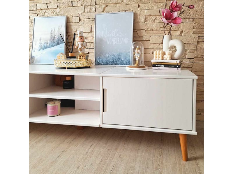  Meuble tv - banc tv - meuble de rangement molde blanc 158x40x49 cm bois de pin massif  - Conforama D