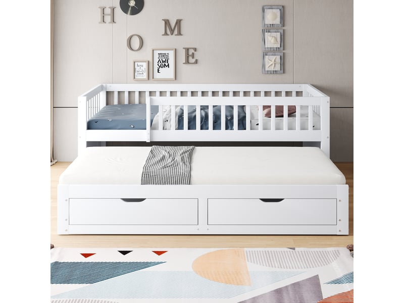  Couchage gigogne, 90x200 cm, avec garde corps de sécurité intégral, 2 tiroirs, matelas non inclus, bois, coloris blanc  - Conforama D
