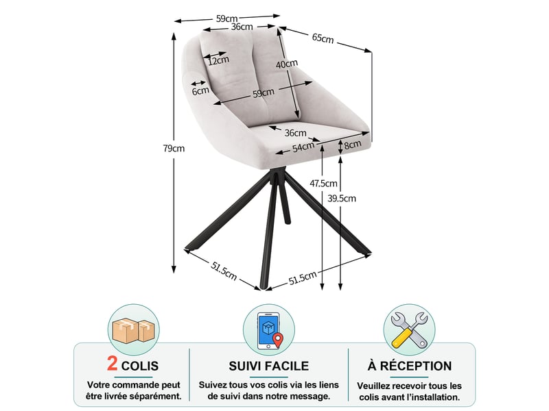  Chaise de salle à manger lot de 4 pivotante à 360° ergonomique en velours avec piètement métallique beige  - Conforama D