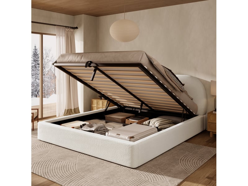  Lit coffre 180x200 cm, lit adulte avec sommier à lattes, tissu bouclé beige, avec matelas  - Conforama R