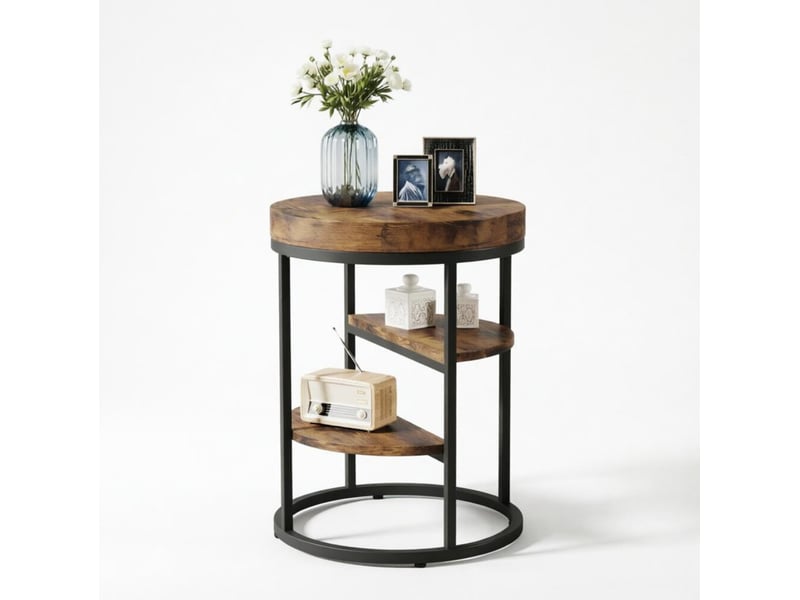  Table d'appoint ronde 50x50x65 cm – marron rustique – 3 niveaux ouverts, structure en métal et bois  - Conforama A