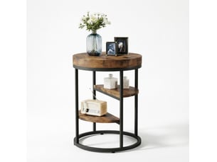 Table d'appoint ronde 50x50x65 cm – marron rustique – 3 niveaux ouverts, structure en métal et bois