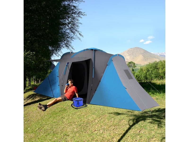  Tente tunnel, tente de camping imperméable 2000 mm pour 4 personnes, avec 2 chambres, un espace de vie et un sac de transport, gris et bleu.  - Conforama C