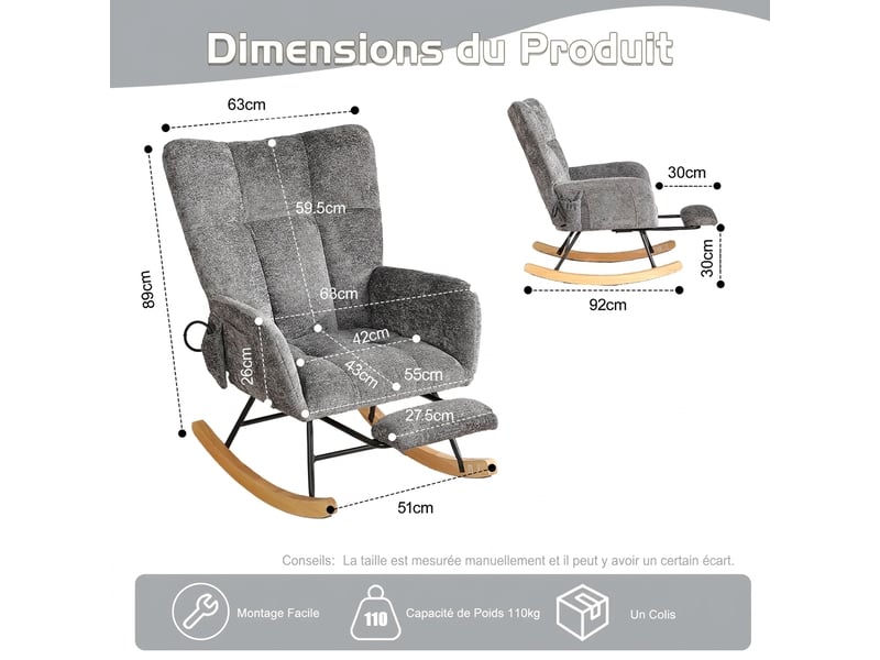 Fauteuil à bascule d'allaitement gris foncé en tissu chenille avec dossier haut et coussins d'air réglables  - Conforama C