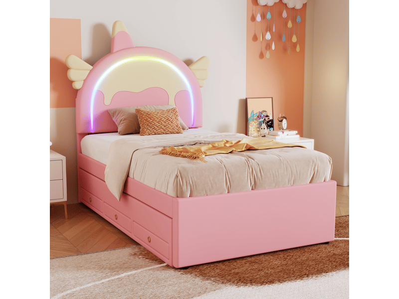  Lit enfant thème licorne 90x200cm avec lit gigogne extractible, revêtement en polyuréthane rose  - Conforama C