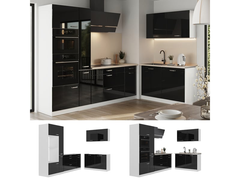  Vicco cuisine en angle, noir haute brillanceblanc, 230 x 120 cm plan de travail marbre  - Conforama D
