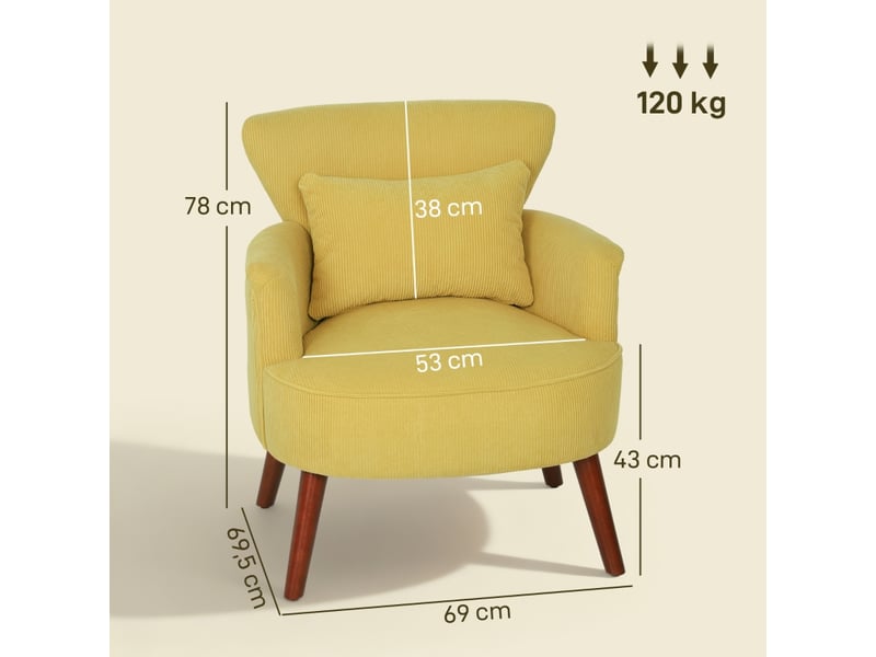 Fauteuil moderne, fauteuil d'appoint rembourré avec coussin lombaire, pieds en bois d'hévéa, jaune  - Conforama D