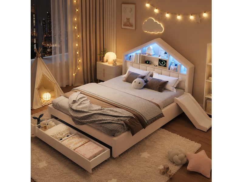  Lit cabane enfant 140x200 cm avec toboggan, led, prise de charge et coffre de rangement, beige, sans matelas  - Conforama B