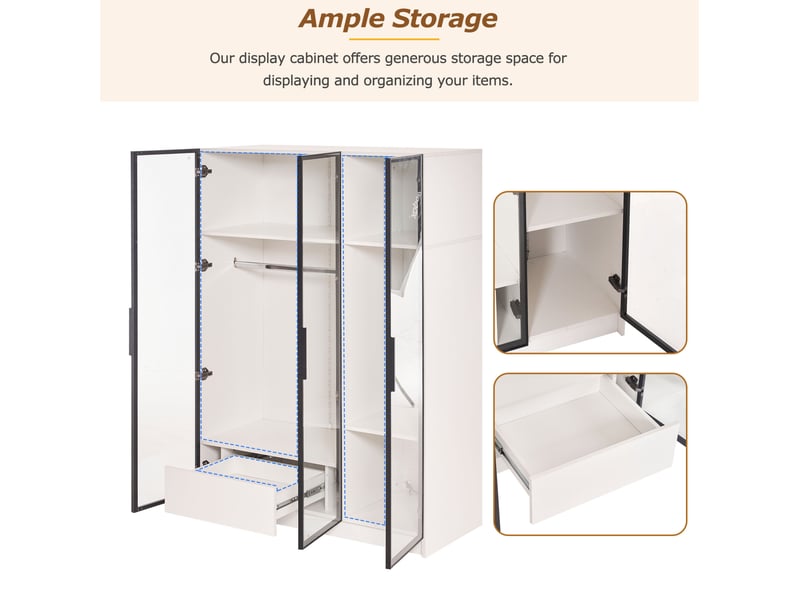  Armoire 110x50x160 cm, 3 portes en verre, meuble vitrine, 1 tiroir, led, armoire de salon et chambre, aggloméré blanc  - Conforama E