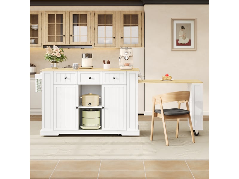 Desserte de cuisine avec 2 portes, 2 tiroirs et table extensible sur roues 138×55×93 cm blanc naturel - Conforama B