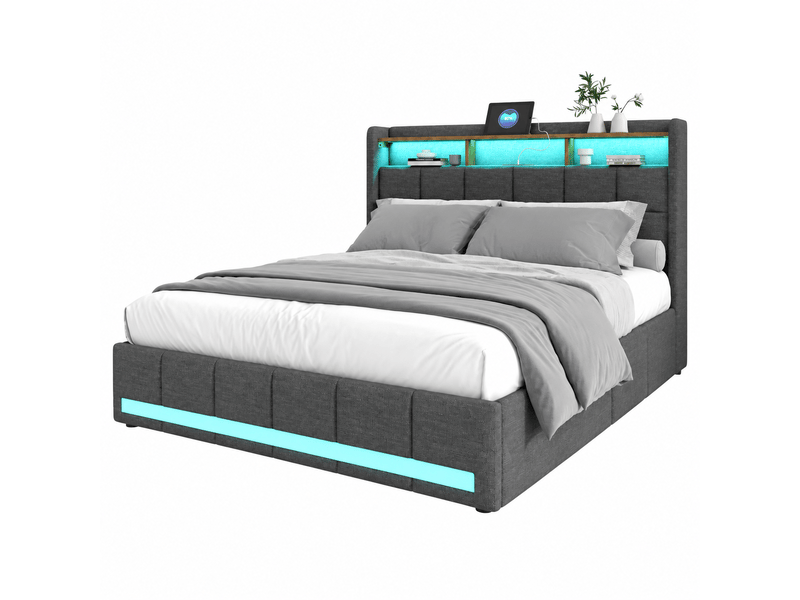  Lit double rembourré 140x190 cm avec éclairage led, lit 2 place avec 4 tiroirs et usb, sommier à lattes en bois  - Conforama A