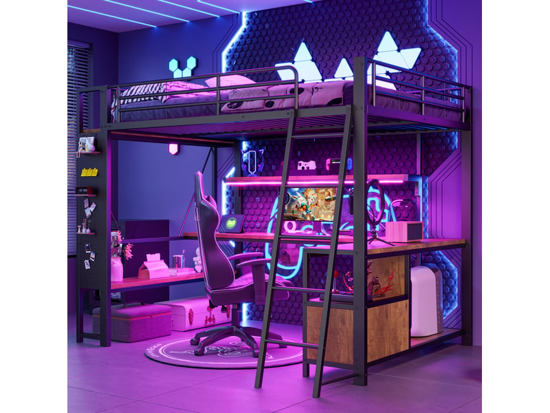  Lit mezzanine 140x200 cm avec bureau, led et rangements noir  - Conforama E