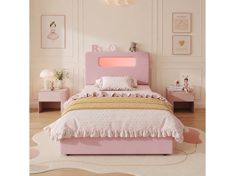  Lit capitonné enfant 90x200cm rose, 4 tiroirs latéraux, tête avec rangement ouvert et led app  - Conforama D
