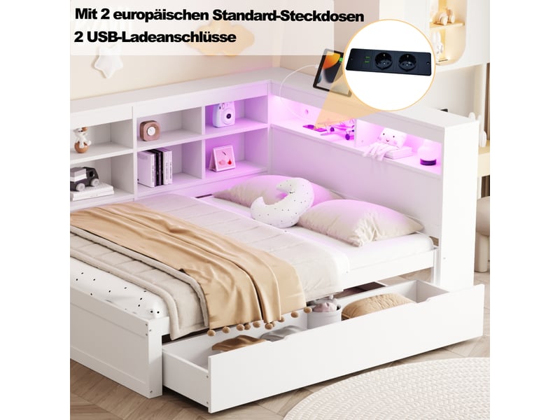  Lit coffre 140x200 cm avec rangements intégrés, led et usb, pin blanc, sans matelas  - Conforama E