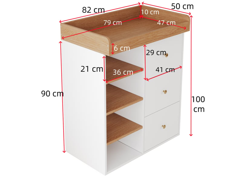  Table à langer 2-en-1 82x50x100 cm, 3 tiroirs, barrière amovible, rangements mdf blanc aspect bois clair  - Conforama C