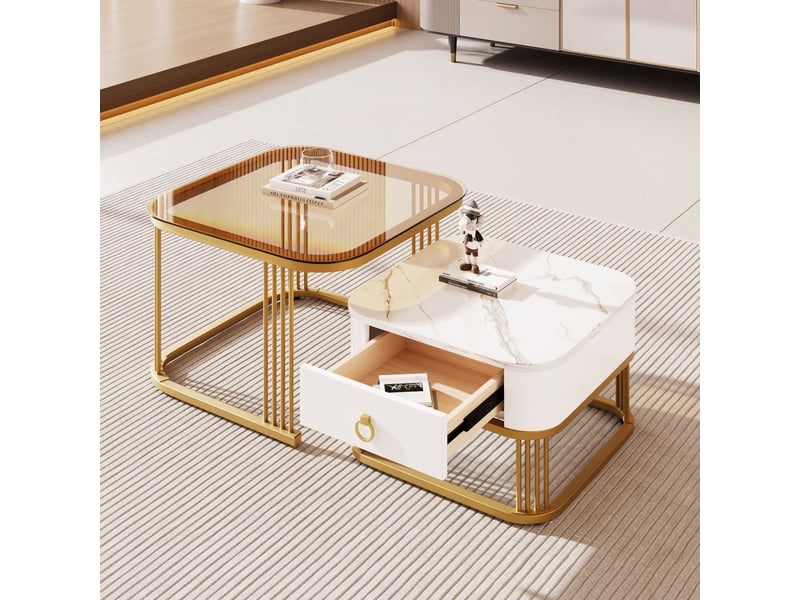 Table basse salon, plateau effet marbre brillant et métal doré, petit modèle avec tiroirs, design empilable deux pièces - Conforama D