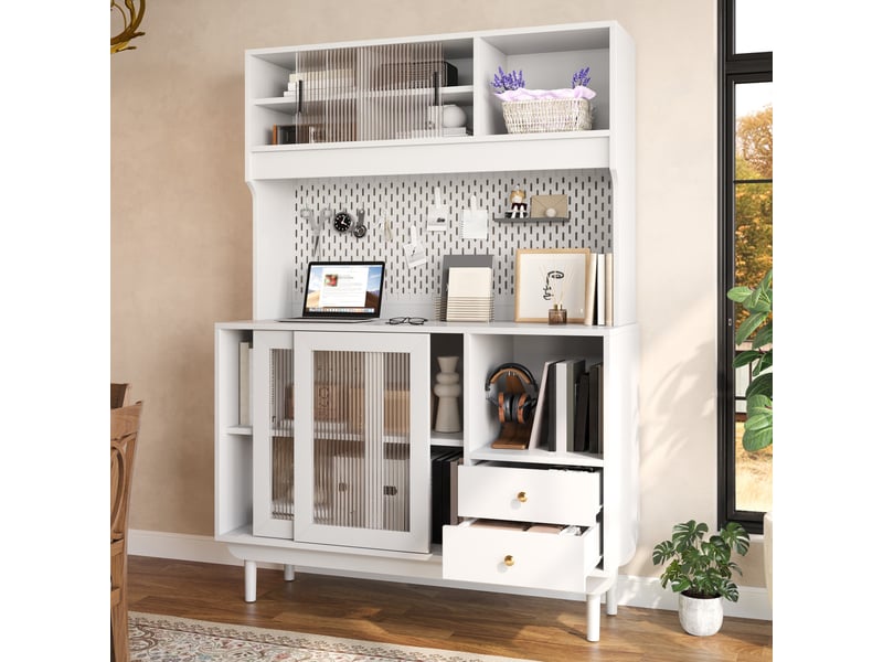  Buffet de cuisine - 170x120x45 cm - meuble de rangement avec portes coulissantes, panneau perforé, tiroirs et pieds en pin - blanc  - Conforama D