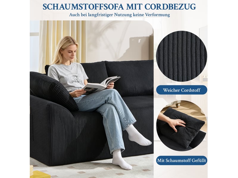  Canapé 2 places au sol en tissu noir avec accoudoirs incurvés et poches latérales  - Conforama D
