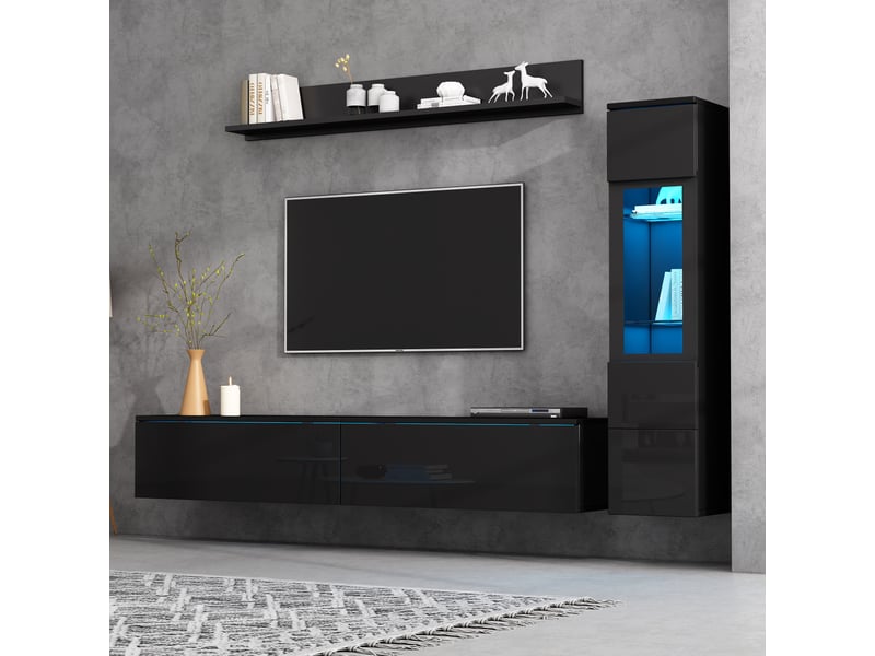  Ensemble meuble tv mural noir brillant 3 pièces led contrôlable pour écran jusqu'à 80 pouces  - Conforama W